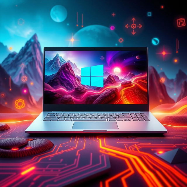 An inspirational gaming-themed wallpaper featuring a sleek and modern laptop displaying the Windows logo prominently