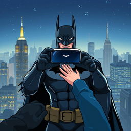 An illustration of Batman showcasing a virtual reality game, set against the backdrop of New York City