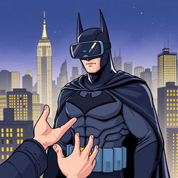 An illustration of Batman showcasing a virtual reality game, set against the backdrop of New York City