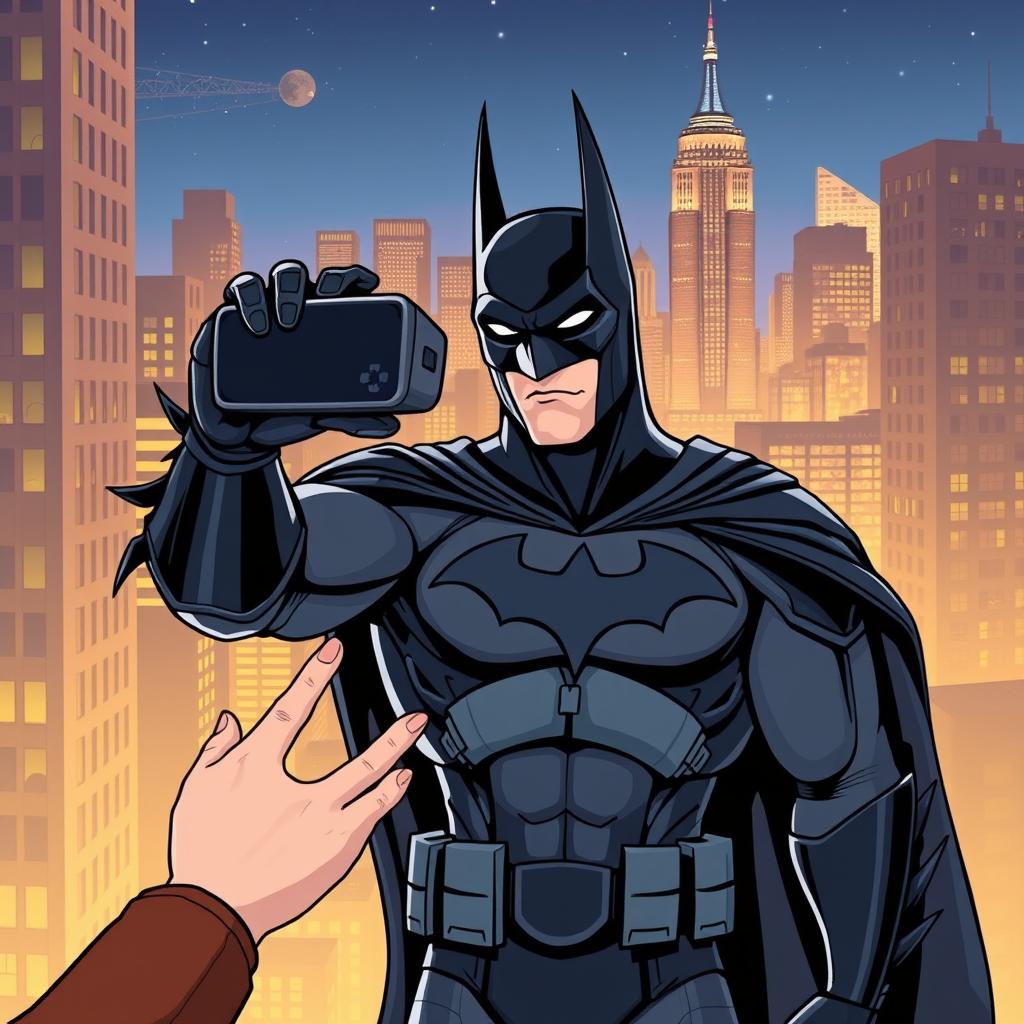 An illustration of Batman showcasing a virtual reality game, set against the backdrop of New York City