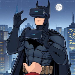 An illustration of Batman showcasing a virtual reality game, set against the backdrop of New York City