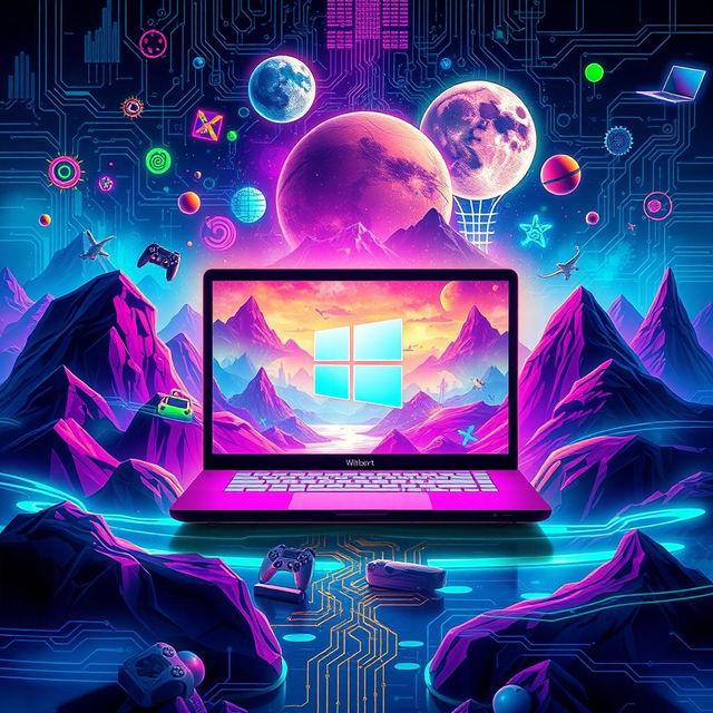 A captivating gaming-themed wallpaper designed for a gaming enthusiast who works with a laptop featuring the Windows logo