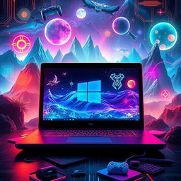 A captivating gaming-themed wallpaper designed for a gaming enthusiast who works with a laptop featuring the Windows logo