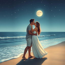 An intimate and romantic scene depicting a couple sharing a passionate kiss under the moonlight on a secluded beach