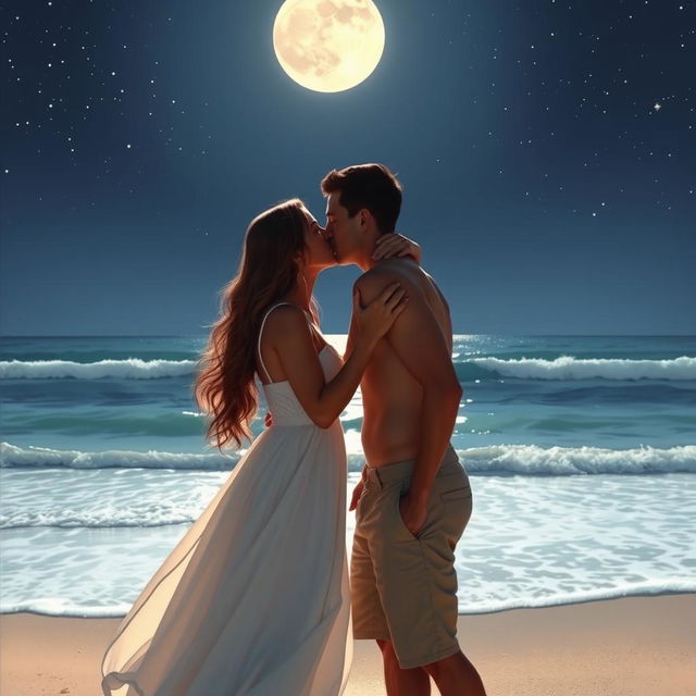 An intimate and romantic scene depicting a couple sharing a passionate kiss under the moonlight on a secluded beach