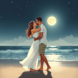 An intimate and romantic scene depicting a couple sharing a passionate kiss under the moonlight on a secluded beach