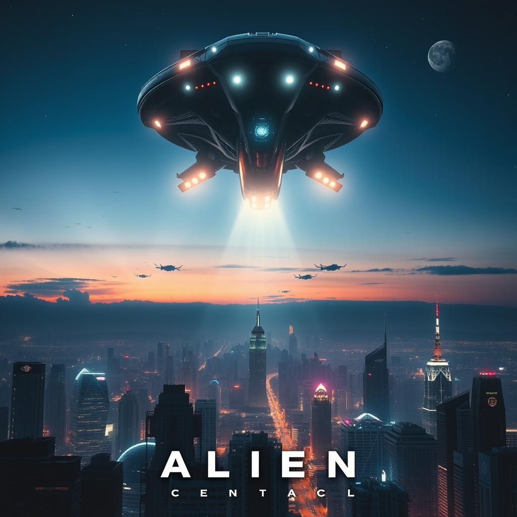 A cinematic movie poster showcasing an alien spaceship descending onto a futuristic city skyline at dusk, with dramatic lighting illuminating the scene