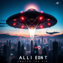 A cinematic movie poster showcasing an alien spaceship descending onto a futuristic city skyline at dusk, with dramatic lighting illuminating the scene