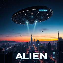 A cinematic movie poster showcasing an alien spaceship descending onto a futuristic city skyline at dusk, with dramatic lighting illuminating the scene