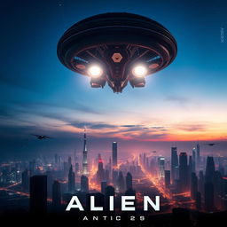 A cinematic movie poster showcasing an alien spaceship descending onto a futuristic city skyline at dusk, with dramatic lighting illuminating the scene