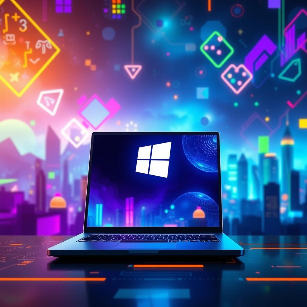 An engaging gaming-themed wallpaper designed for a gaming enthusiast who works on a laptop, prominently featuring the Windows logo as a central element