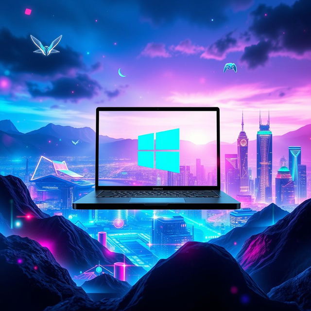 An engaging gaming-themed wallpaper designed for a gaming enthusiast who works on a laptop, prominently featuring the Windows logo as a central element