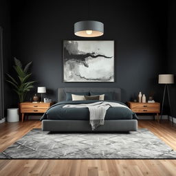 A beautifully designed bedroom featuring deep, dark gray walls that create a dramatic and intimate atmosphere