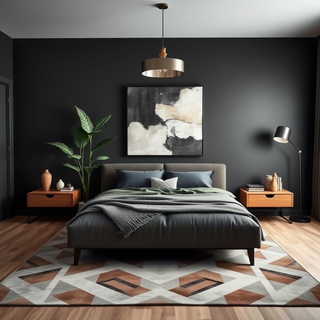 A beautifully designed bedroom featuring deep, dark gray walls that create a dramatic and intimate atmosphere