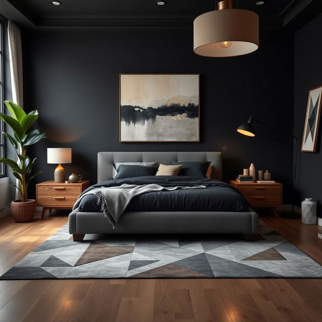 A beautifully designed bedroom featuring deep, dark gray walls that create a dramatic and intimate atmosphere