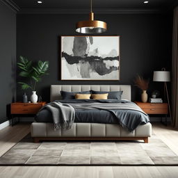 A beautifully designed bedroom featuring deep, dark gray walls that create a dramatic and intimate atmosphere