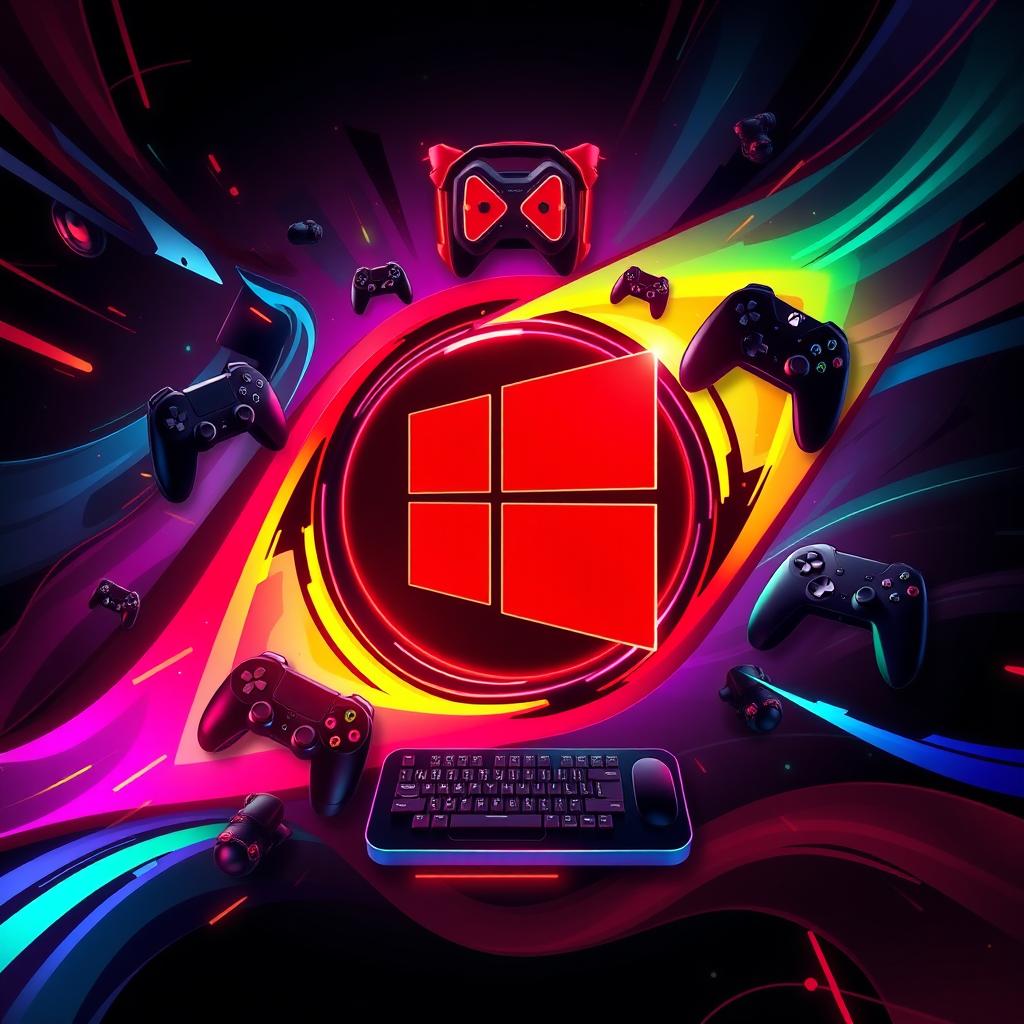 A vibrant and dynamic gaming wallpaper that features a prominent, stylized red Windows logo at the center