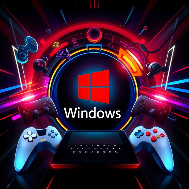 A vibrant and dynamic gaming wallpaper that features a prominent, stylized red Windows logo at the center