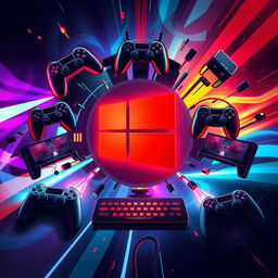 A vibrant and dynamic gaming wallpaper that features a prominent, stylized red Windows logo at the center
