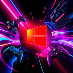 A vibrant and dynamic gaming wallpaper that features a prominent, stylized red Windows logo at the center