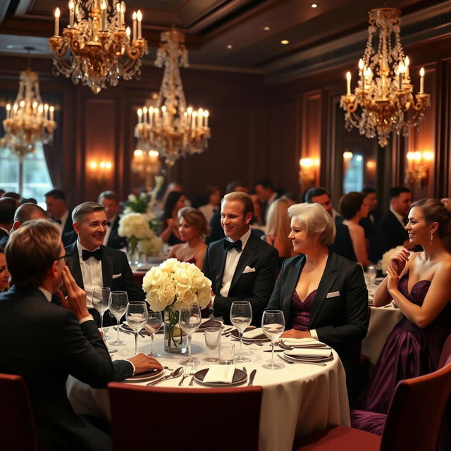 A sophisticated black tie dinner scene set in an elegant restaurant