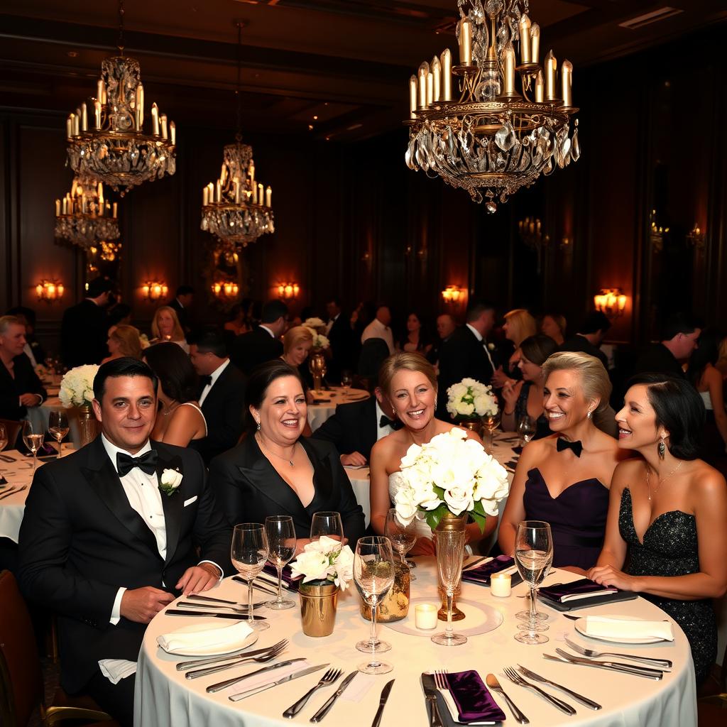 A sophisticated black tie dinner scene set in an elegant restaurant