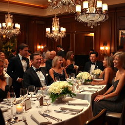 A sophisticated black tie dinner scene set in an elegant restaurant