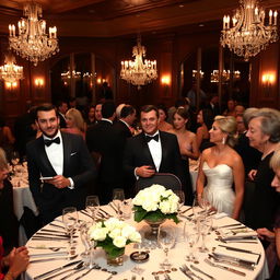 A sophisticated black tie dinner scene set in an elegant restaurant