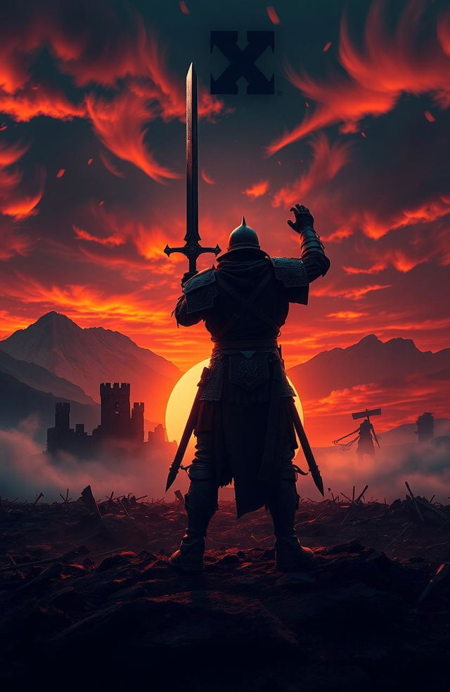 A dramatic scene depicting the theme of vengeance, where a powerful warrior stands on a desolate battlefield at sunset, their silhouette highlighted by the fiery colors of the sky