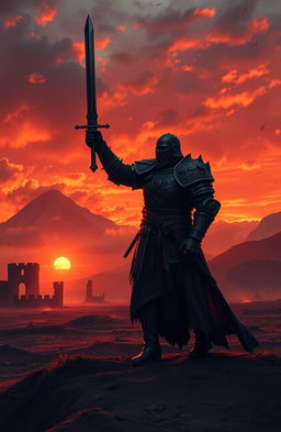A dramatic scene depicting the theme of vengeance, where a powerful warrior stands on a desolate battlefield at sunset, their silhouette highlighted by the fiery colors of the sky