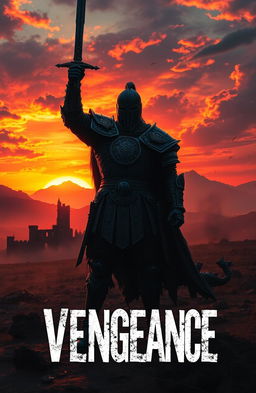 A dramatic scene depicting the theme of vengeance, where a powerful warrior stands on a desolate battlefield at sunset, their silhouette highlighted by the fiery colors of the sky