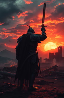 A dramatic scene depicting the theme of vengeance, where a powerful warrior stands on a desolate battlefield at sunset, their silhouette highlighted by the fiery colors of the sky