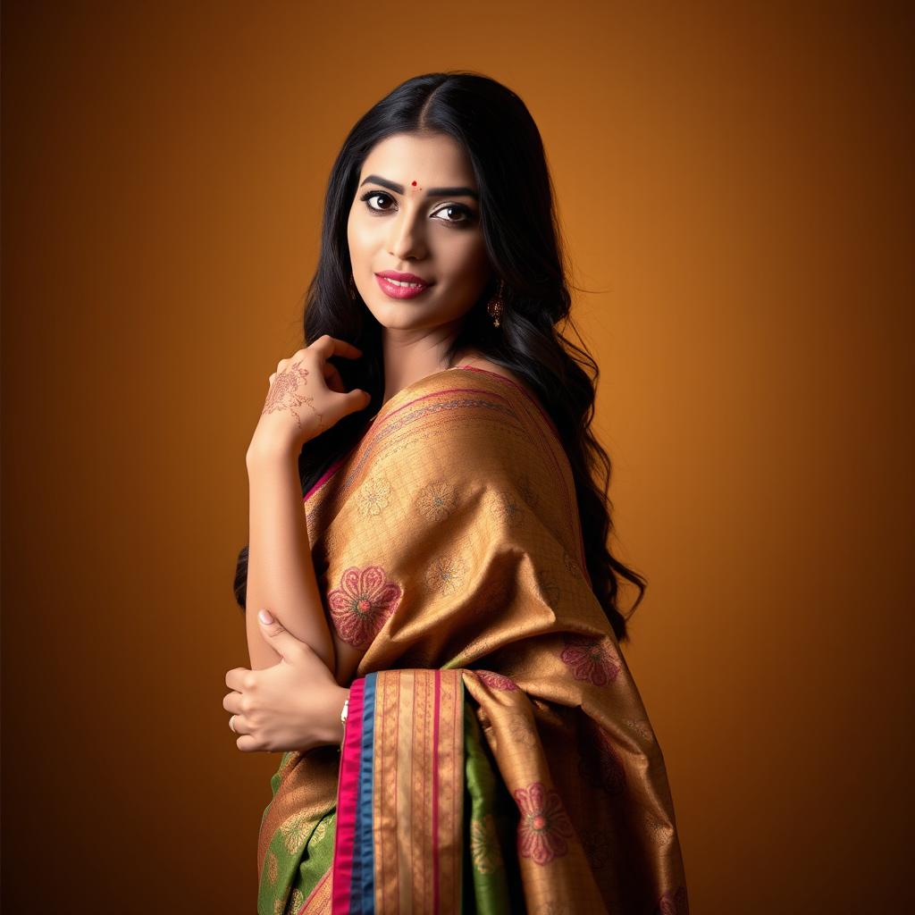 A beautiful Indian woman wearing a traditional saree, the fabric elegantly draping around her body, showcasing intricate patterns and vibrant colors