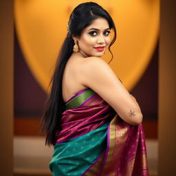 A beautiful Indian woman wearing a traditional saree, the fabric elegantly draping around her body, showcasing intricate patterns and vibrant colors