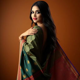 A beautiful Indian woman wearing a traditional saree, the fabric elegantly draping around her body, showcasing intricate patterns and vibrant colors