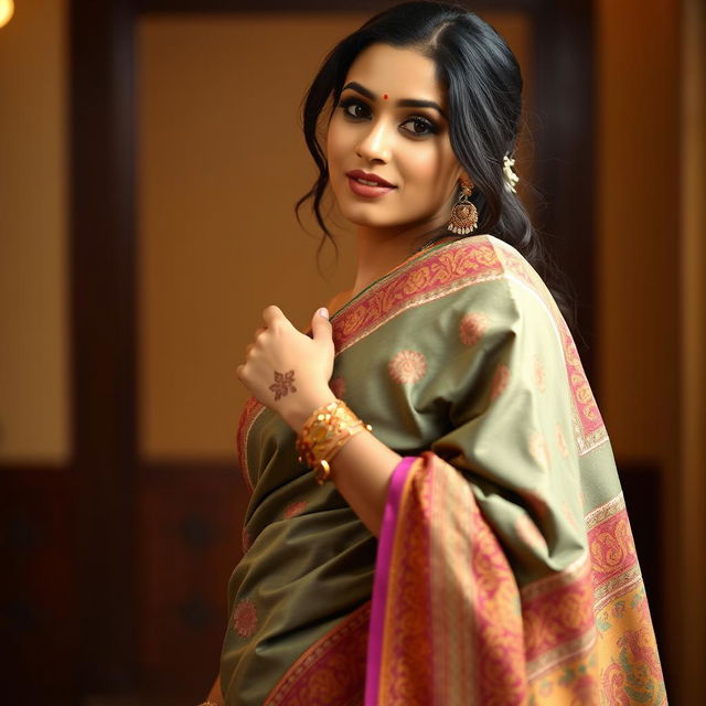 A beautiful Indian woman wearing a traditional saree, the fabric elegantly draping around her body, showcasing intricate patterns and vibrant colors