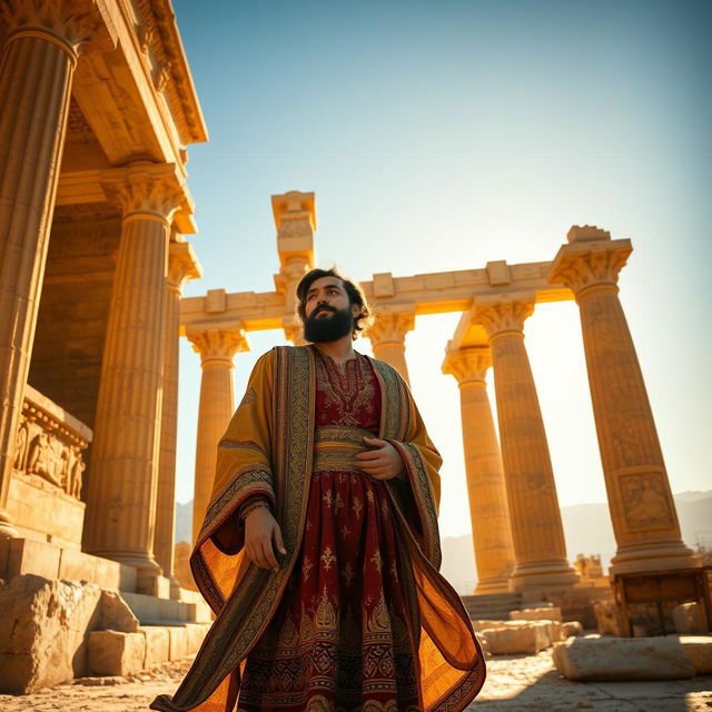 A majestic scene of the Persian poet Hafez standing confidently in the grand ruins of Persepolis, illuminated by soft golden sunlight