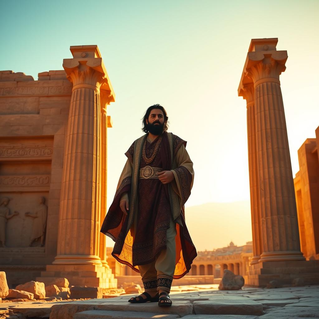 A majestic scene of the Persian poet Hafez standing confidently in the grand ruins of Persepolis, illuminated by soft golden sunlight