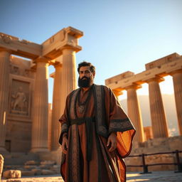A majestic scene of the Persian poet Hafez standing confidently in the grand ruins of Persepolis, illuminated by soft golden sunlight