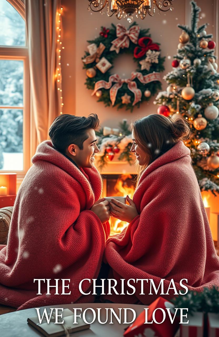 A cozy winter scene depicting a romantic moment between two lovers, wrapped in a warm blanket in front of a roaring fireplace