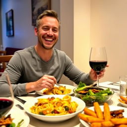A man sitting at a dining table, joyfully eating a delicious meal