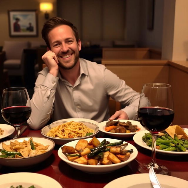 A man sitting at a dining table, joyfully eating a delicious meal