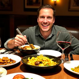 A man sitting at a dining table, joyfully eating a delicious meal