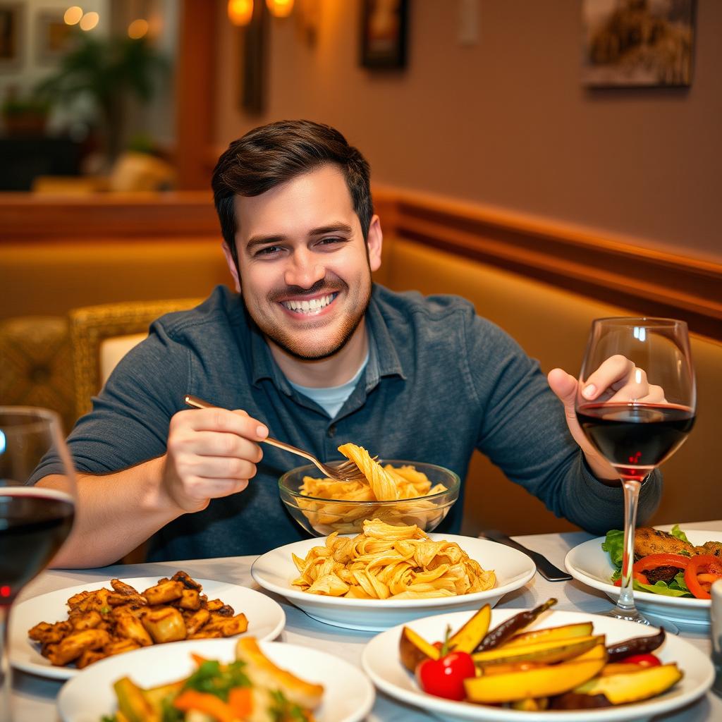 A man sitting at a dining table, joyfully eating a delicious meal