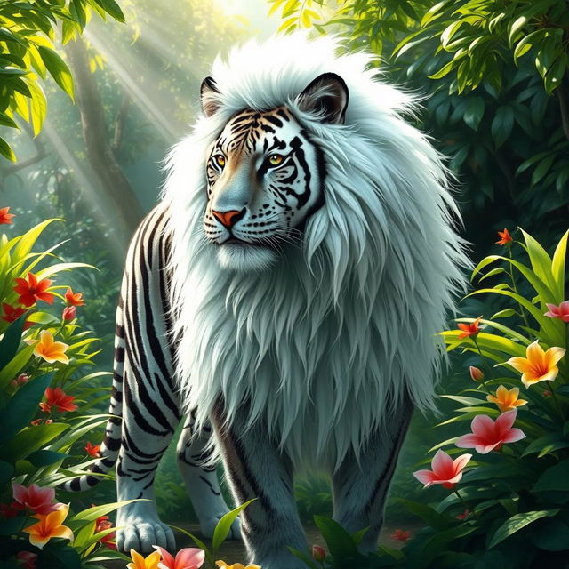 A fantastical creature that is a stunning blend of a black tiger and a white lion, showcasing a lavish fur coat that seamlessly merges the striking black stripes of the tiger with the snowy white mane of the lion