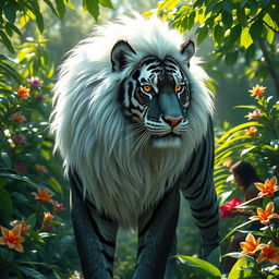 A fantastical creature that is a stunning blend of a black tiger and a white lion, showcasing a lavish fur coat that seamlessly merges the striking black stripes of the tiger with the snowy white mane of the lion