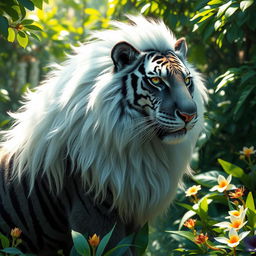 A fantastical creature that is a stunning blend of a black tiger and a white lion, showcasing a lavish fur coat that seamlessly merges the striking black stripes of the tiger with the snowy white mane of the lion