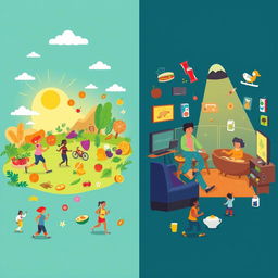 A vibrant and colorful illustration depicting the concepts of healthy and unhealthy lifestyles