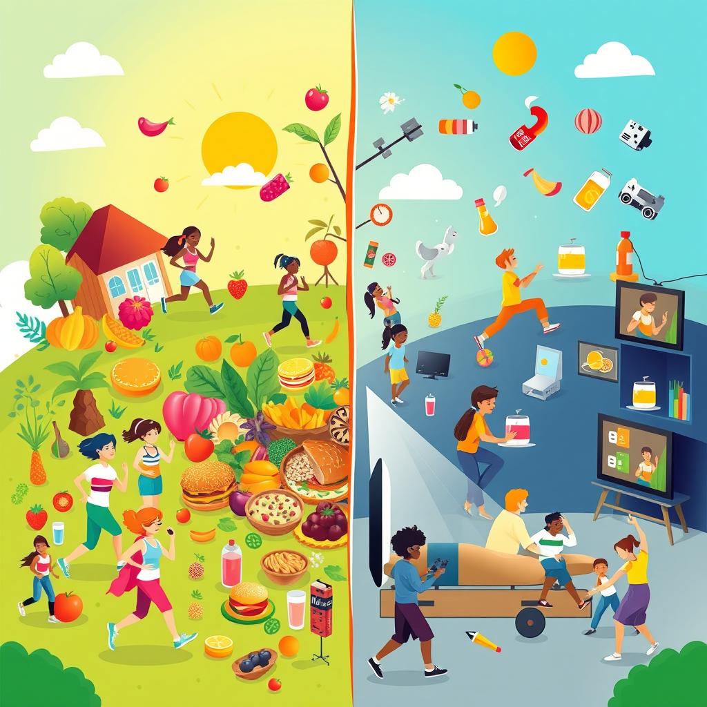 A vibrant and colorful illustration depicting the concepts of healthy and unhealthy lifestyles