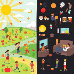 A vibrant and colorful illustration depicting the concepts of healthy and unhealthy lifestyles